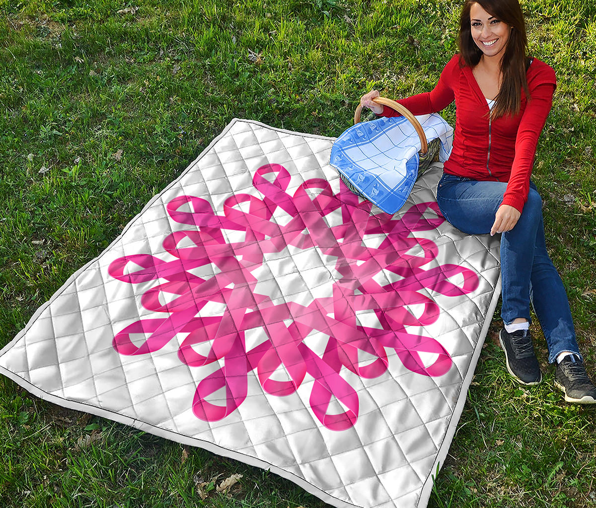Pink Breast Cancer Ribbon Flower Print Quilt