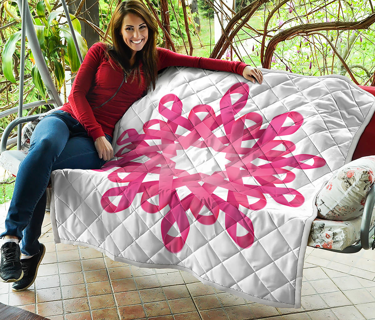 Pink Breast Cancer Ribbon Flower Print Quilt