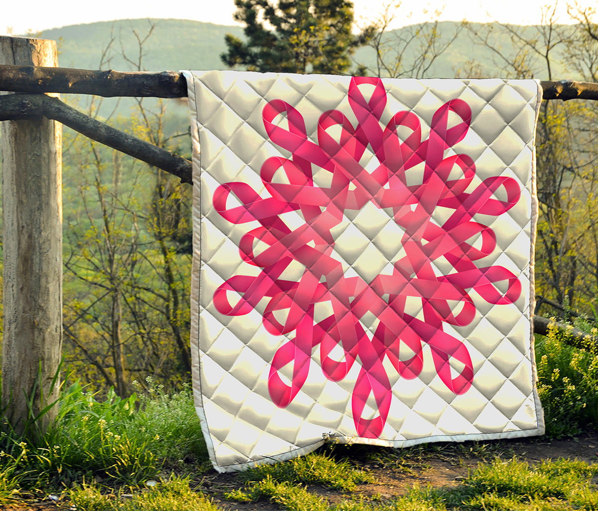 Pink Breast Cancer Ribbon Flower Print Quilt