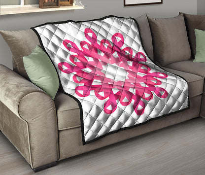Pink Breast Cancer Ribbon Flower Print Quilt