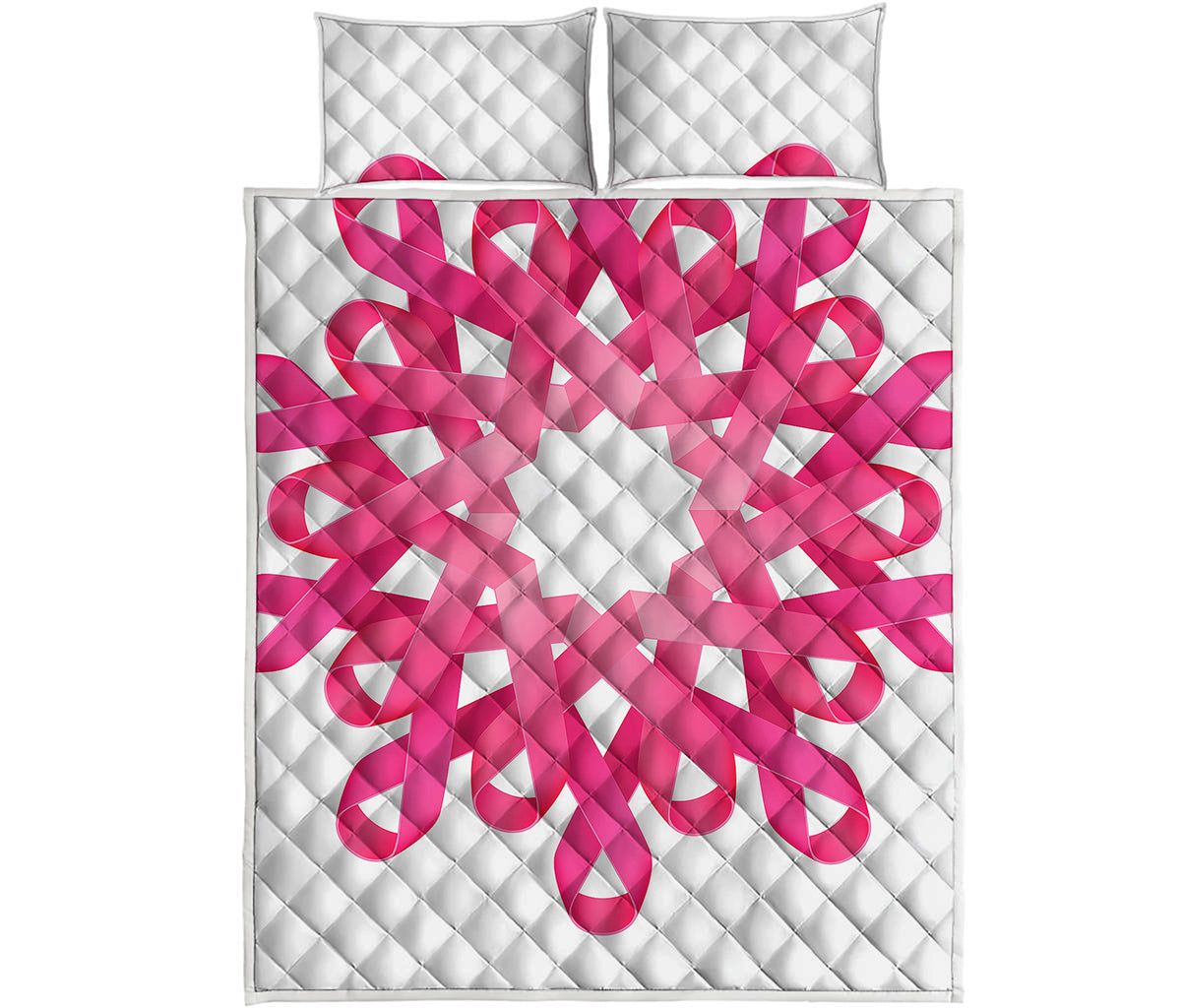 Pink Breast Cancer Ribbon Flower Print Quilt Bed Set