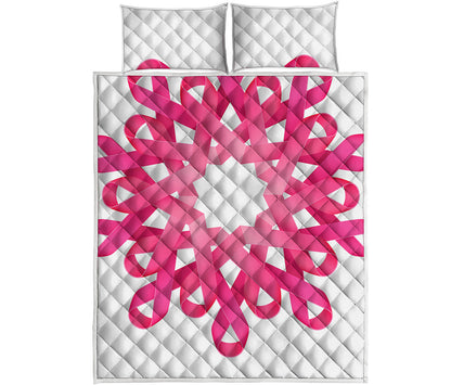 Pink Breast Cancer Ribbon Flower Print Quilt Bed Set