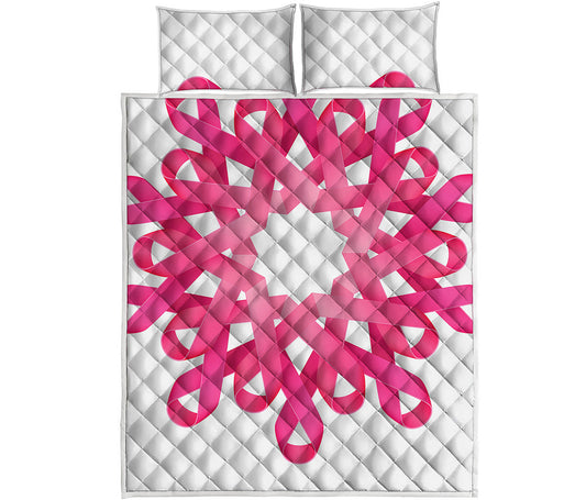 Pink Breast Cancer Ribbon Flower Print Quilt Bed Set