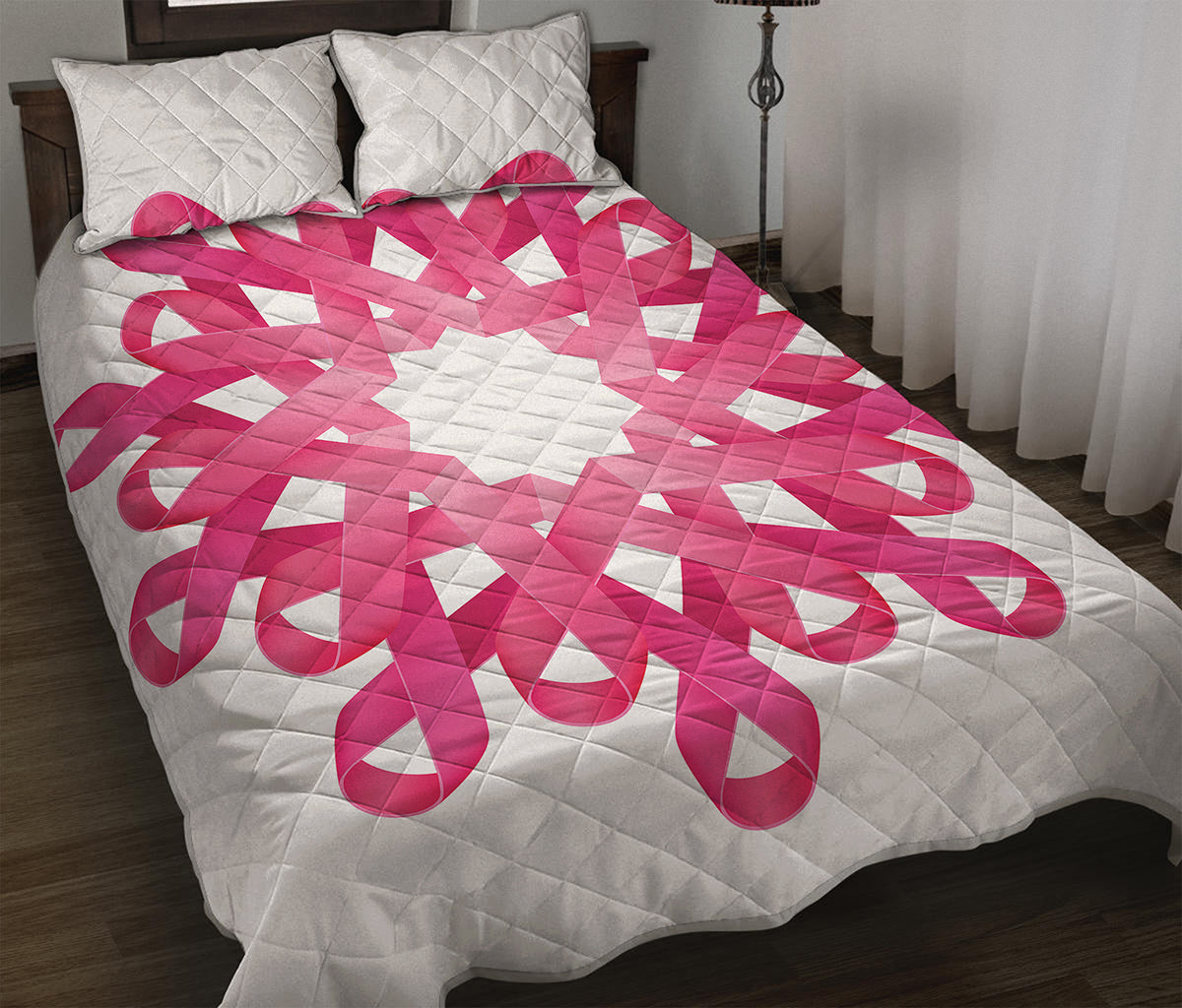 Pink Breast Cancer Ribbon Flower Print Quilt Bed Set