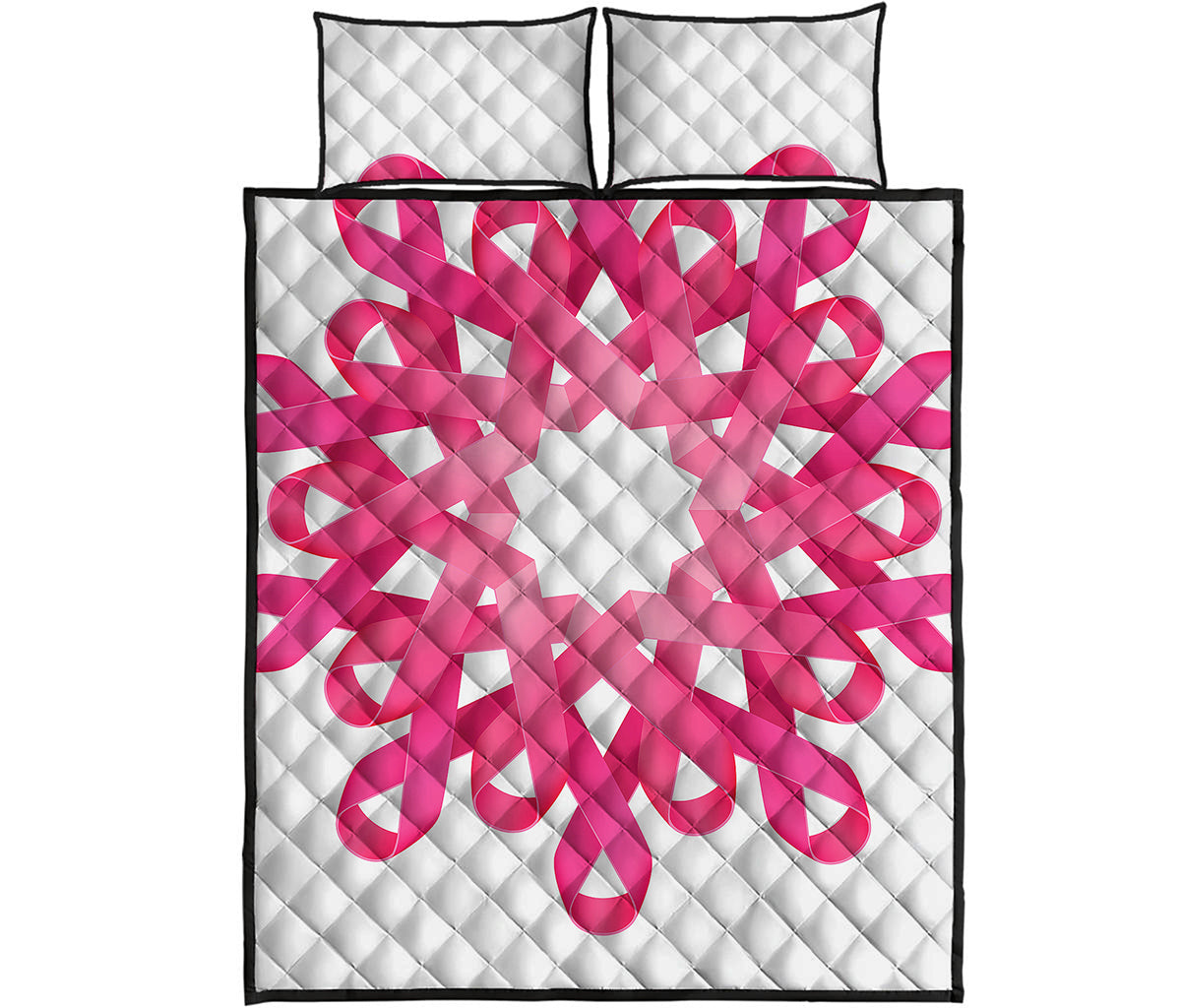 Pink Breast Cancer Ribbon Flower Print Quilt Bed Set