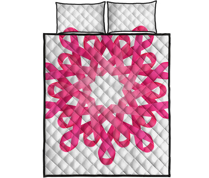 Pink Breast Cancer Ribbon Flower Print Quilt Bed Set