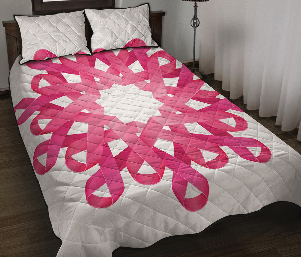 Pink Breast Cancer Ribbon Flower Print Quilt Bed Set