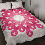Pink Breast Cancer Ribbon Flower Print Quilt Bed Set
