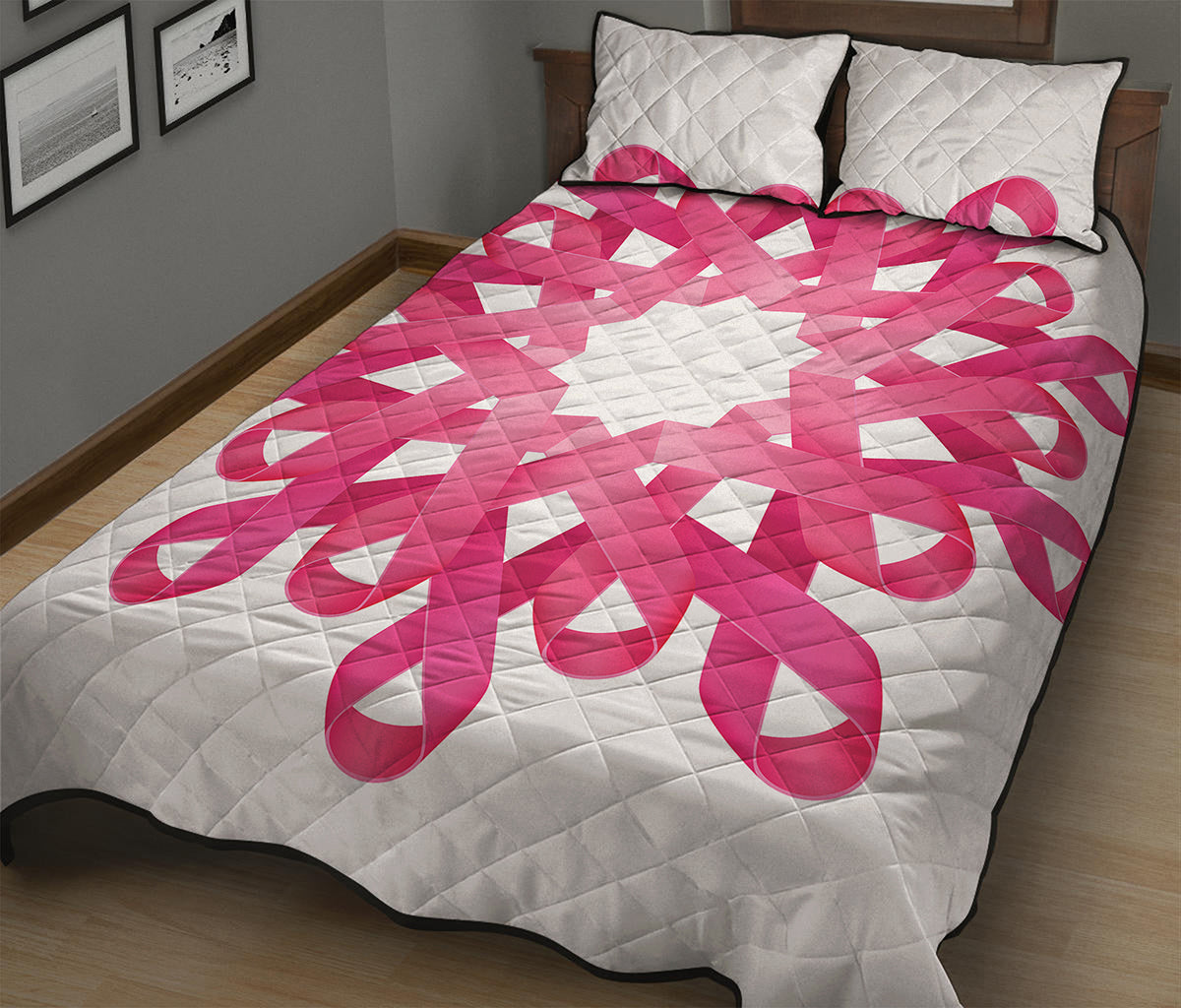Pink Breast Cancer Ribbon Flower Print Quilt Bed Set