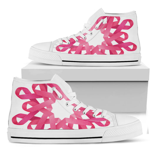 Pink Breast Cancer Ribbon Flower Print White High Top Shoes