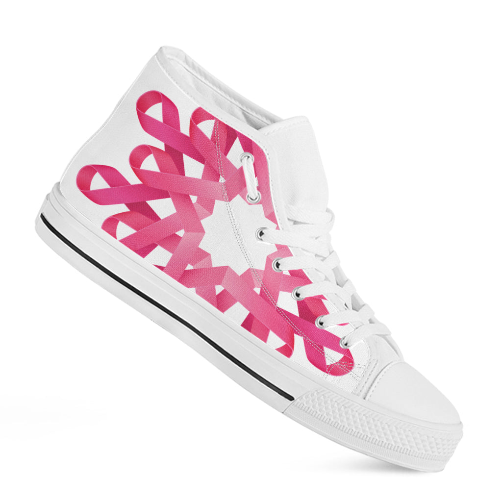 Pink Breast Cancer Ribbon Flower Print White High Top Shoes