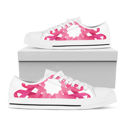Pink Breast Cancer Ribbon Flower Print White Low Top Shoes