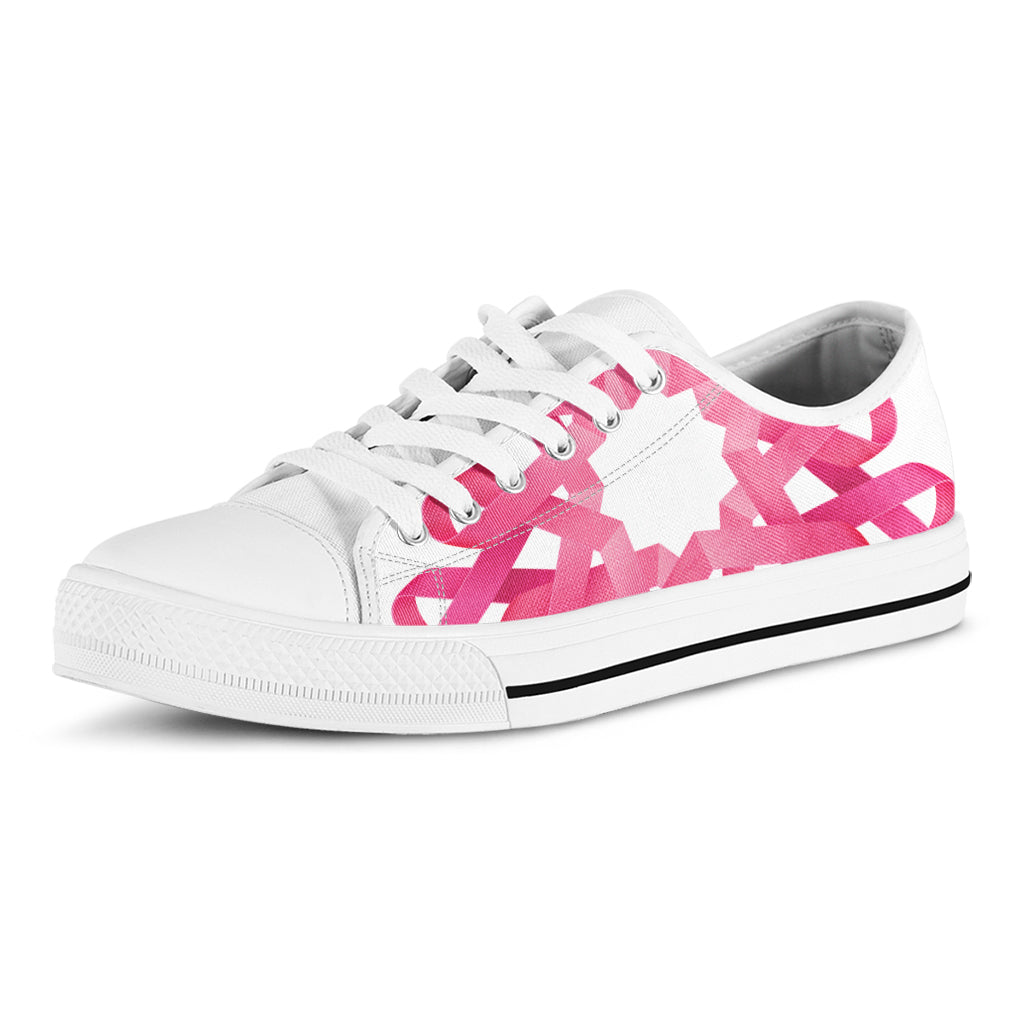 Pink Breast Cancer Ribbon Flower Print White Low Top Shoes