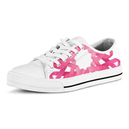 Pink Breast Cancer Ribbon Flower Print White Low Top Shoes