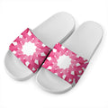 Pink Breast Cancer Ribbon Flower Print White Slide Sandals