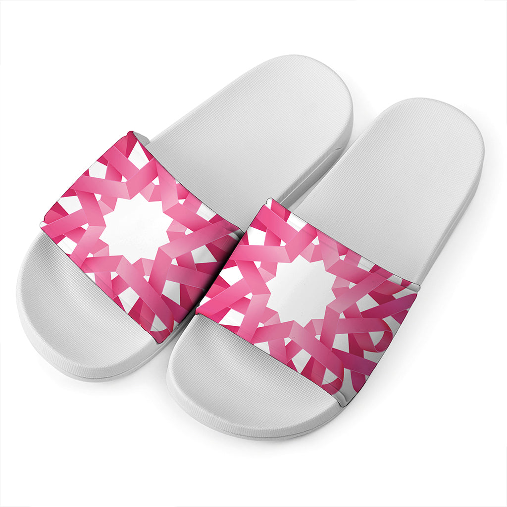 Pink Breast Cancer Ribbon Flower Print White Slide Sandals