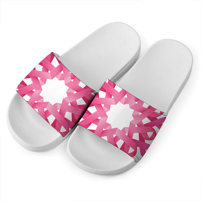 Pink Breast Cancer Ribbon Flower Print White Slide Sandals