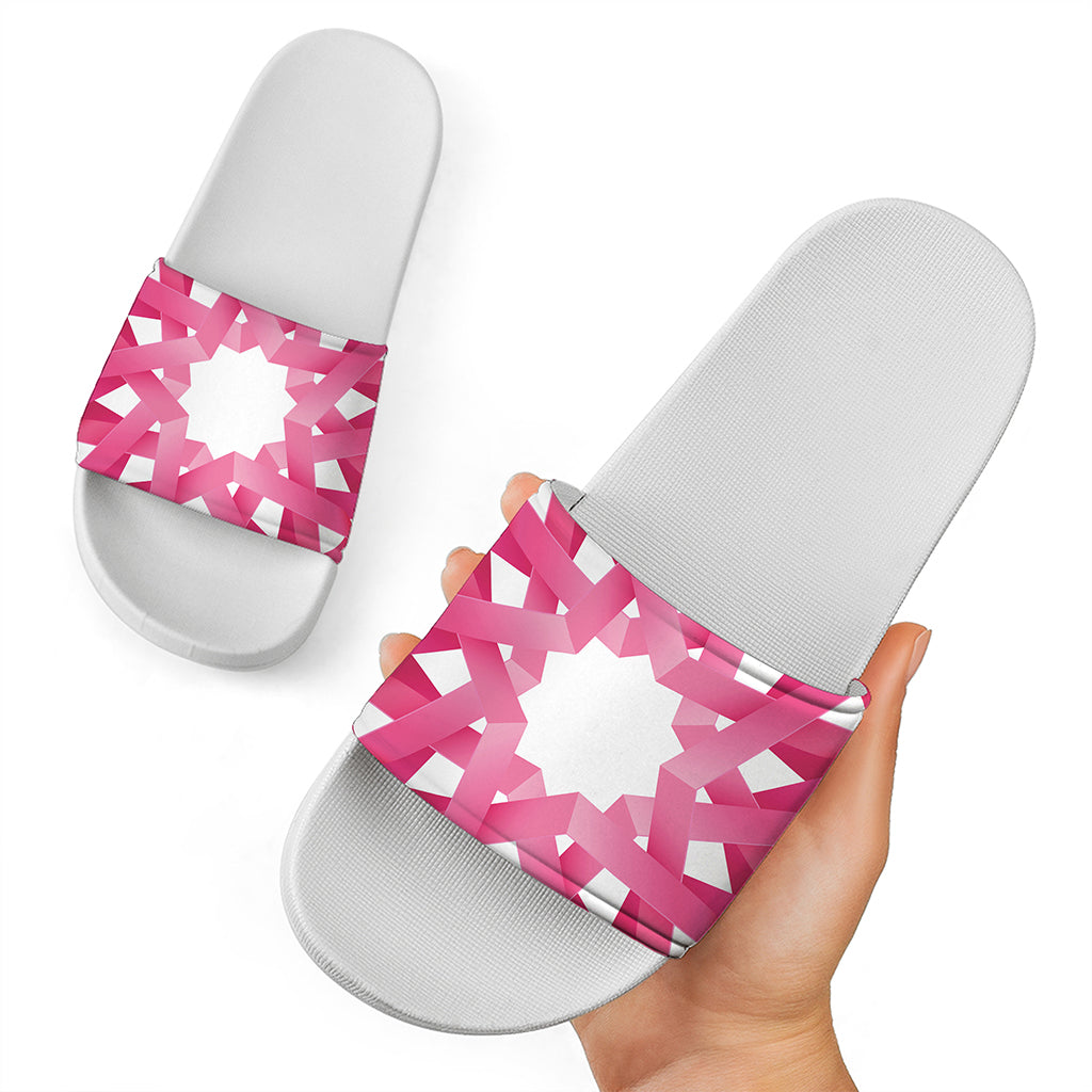 Pink Breast Cancer Ribbon Flower Print White Slide Sandals