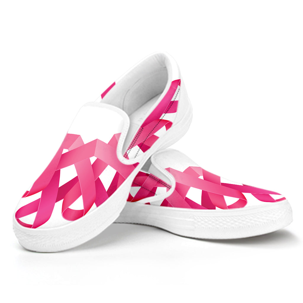 Pink Breast Cancer Ribbon Flower Print White Slip On Shoes