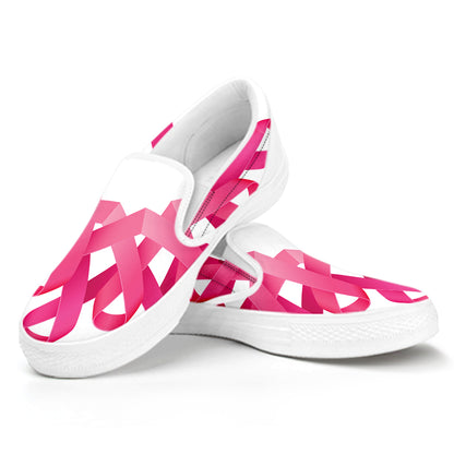 Pink Breast Cancer Ribbon Flower Print White Slip On Shoes