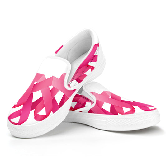 Pink Breast Cancer Ribbon Flower Print White Slip On Shoes