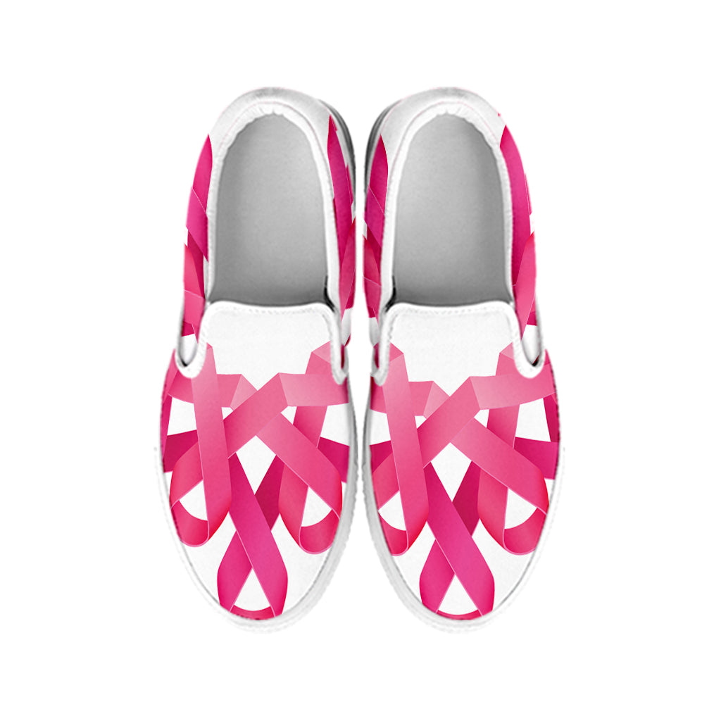 Pink Breast Cancer Ribbon Flower Print White Slip On Shoes