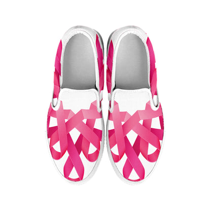 Pink Breast Cancer Ribbon Flower Print White Slip On Shoes