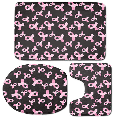 Pink Breast Cancer Ribbon Pattern Print 3 Piece Bath Mat Set