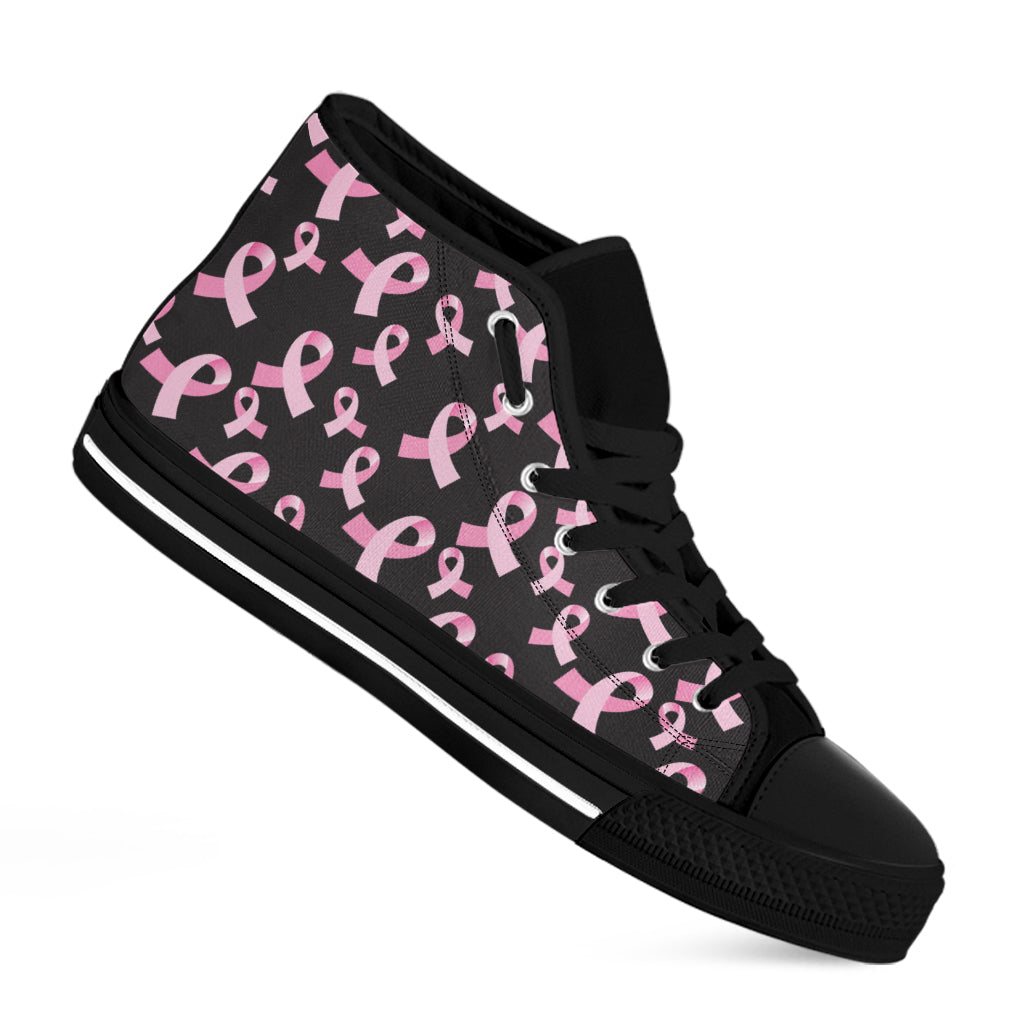Pink Breast Cancer Ribbon Pattern Print Black High Top Shoes
