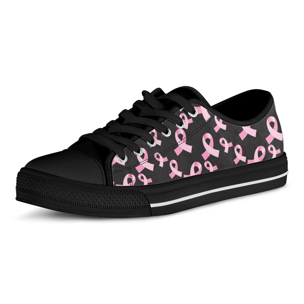 Pink Breast Cancer Ribbon Pattern Print Black Low Top Shoes