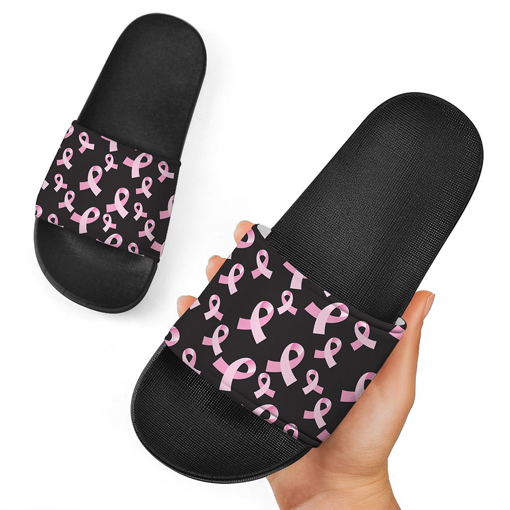 Pink Breast Cancer Ribbon Pattern Print Black Slide Sandals