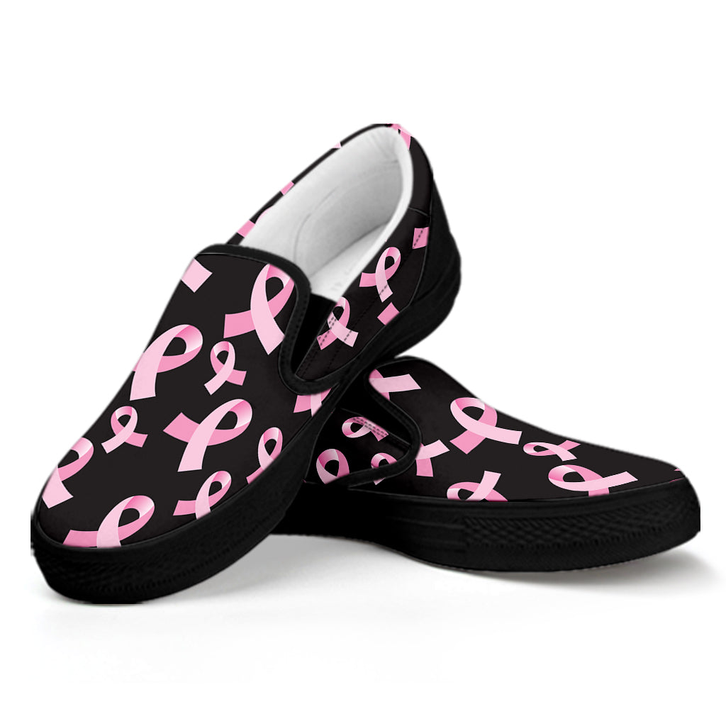 Pink Breast Cancer Ribbon Pattern Print Black Slip On Shoes