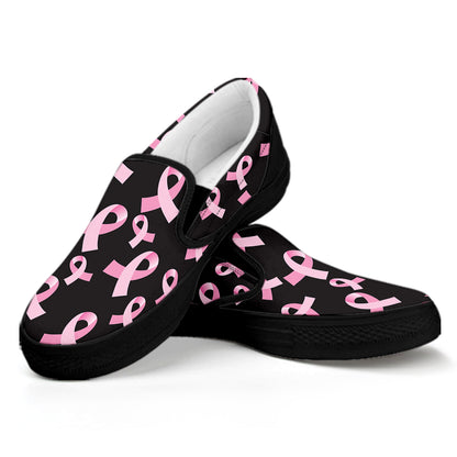 Pink Breast Cancer Ribbon Pattern Print Black Slip On Shoes
