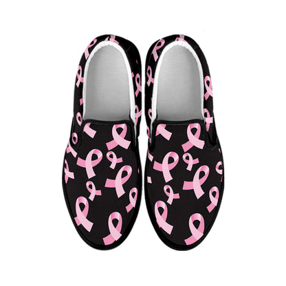 Pink Breast Cancer Ribbon Pattern Print Black Slip On Shoes