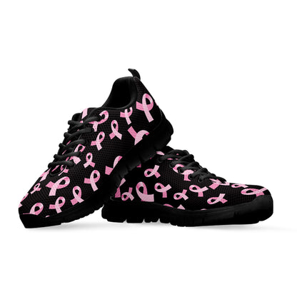 Pink Breast Cancer Ribbon Pattern Print Black Sneakers