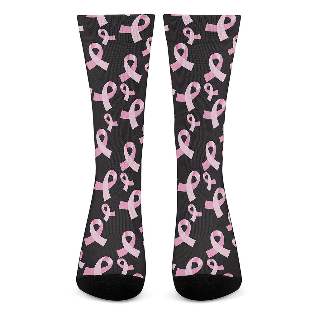 Pink Breast Cancer Ribbon Pattern Print Crew Socks