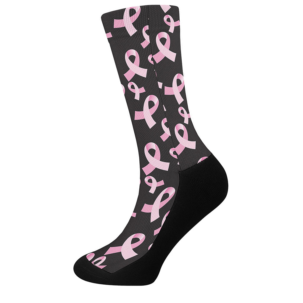 Pink Breast Cancer Ribbon Pattern Print Crew Socks