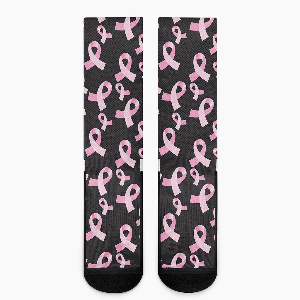 Pink Breast Cancer Ribbon Pattern Print Crew Socks