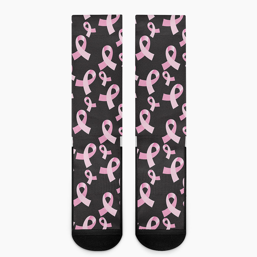 Pink Breast Cancer Ribbon Pattern Print Crew Socks