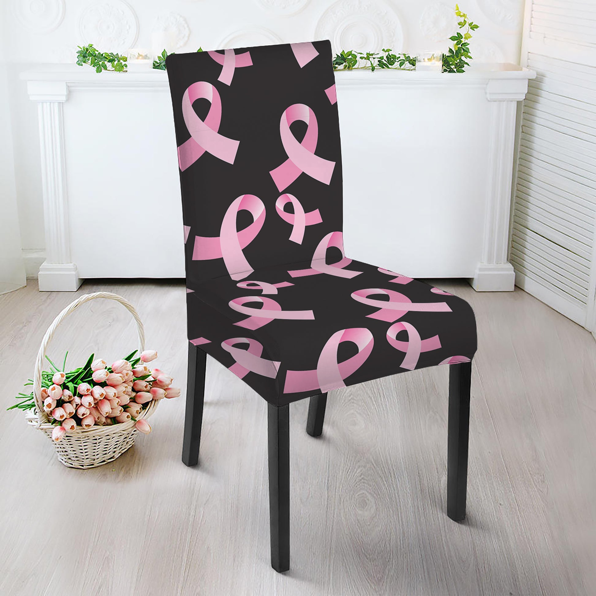 Pink Breast Cancer Ribbon Pattern Print Dining Chair Slipcover