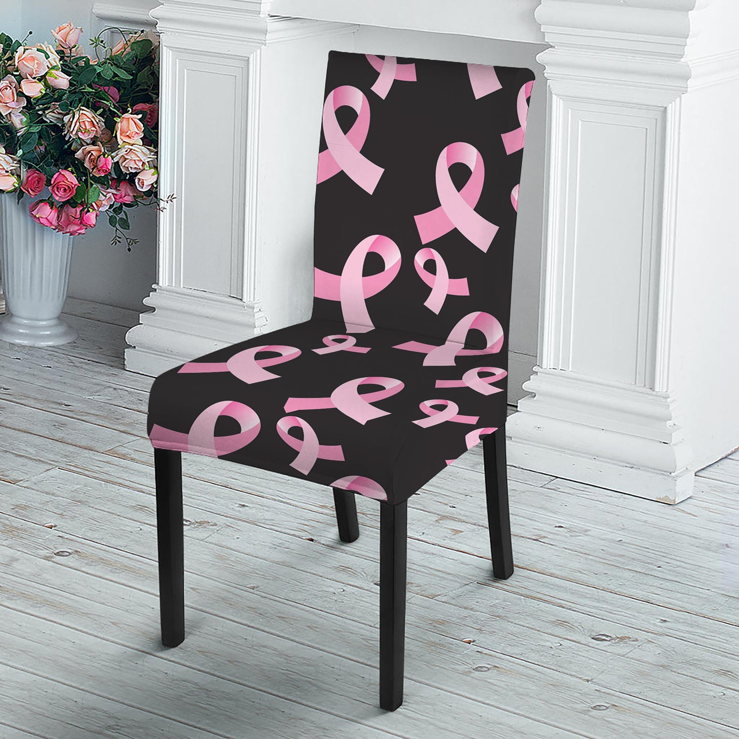 Pink Breast Cancer Ribbon Pattern Print Dining Chair Slipcover
