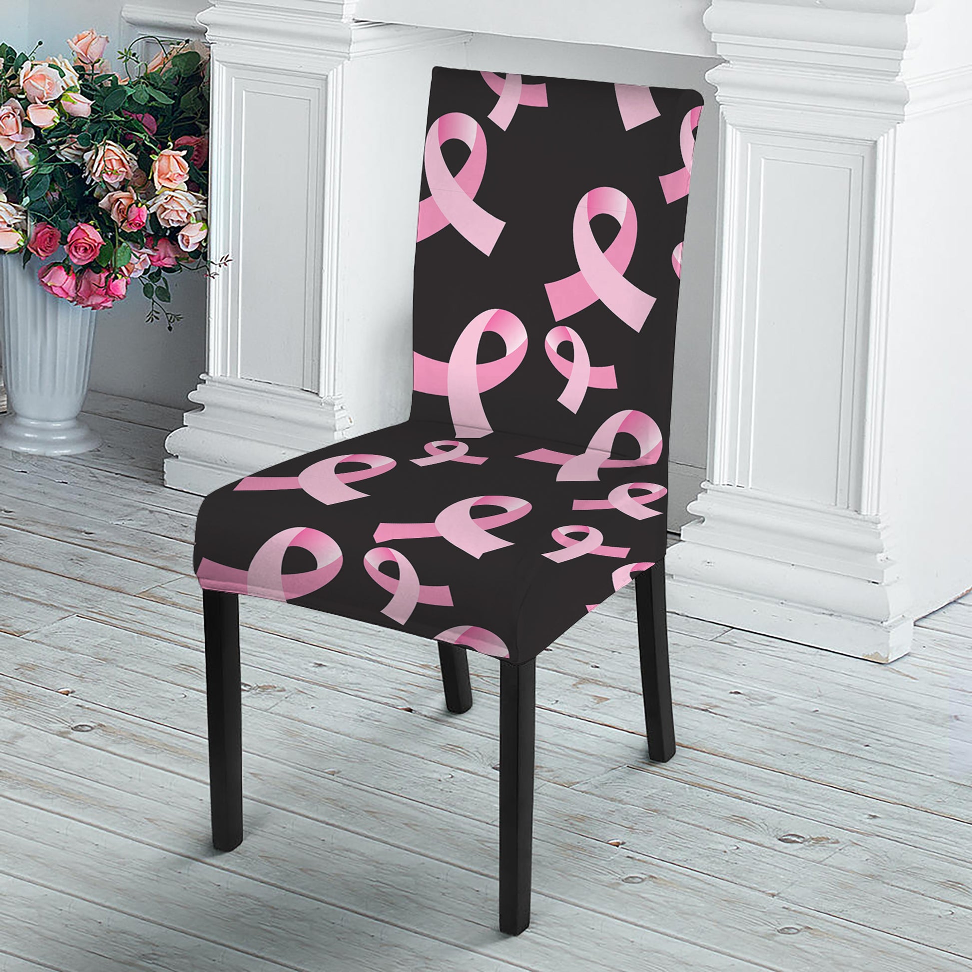 Pink Breast Cancer Ribbon Pattern Print Dining Chair Slipcover