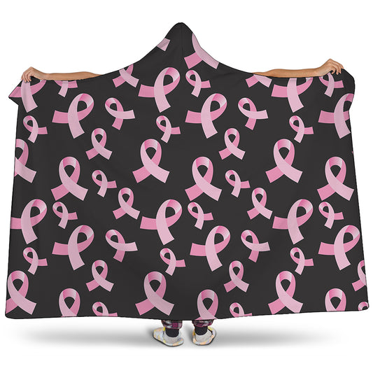 Pink Breast Cancer Ribbon Pattern Print Hooded Blanket