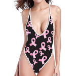 Pink Breast Cancer Ribbon Pattern Print One Piece High Cut Swimsuit