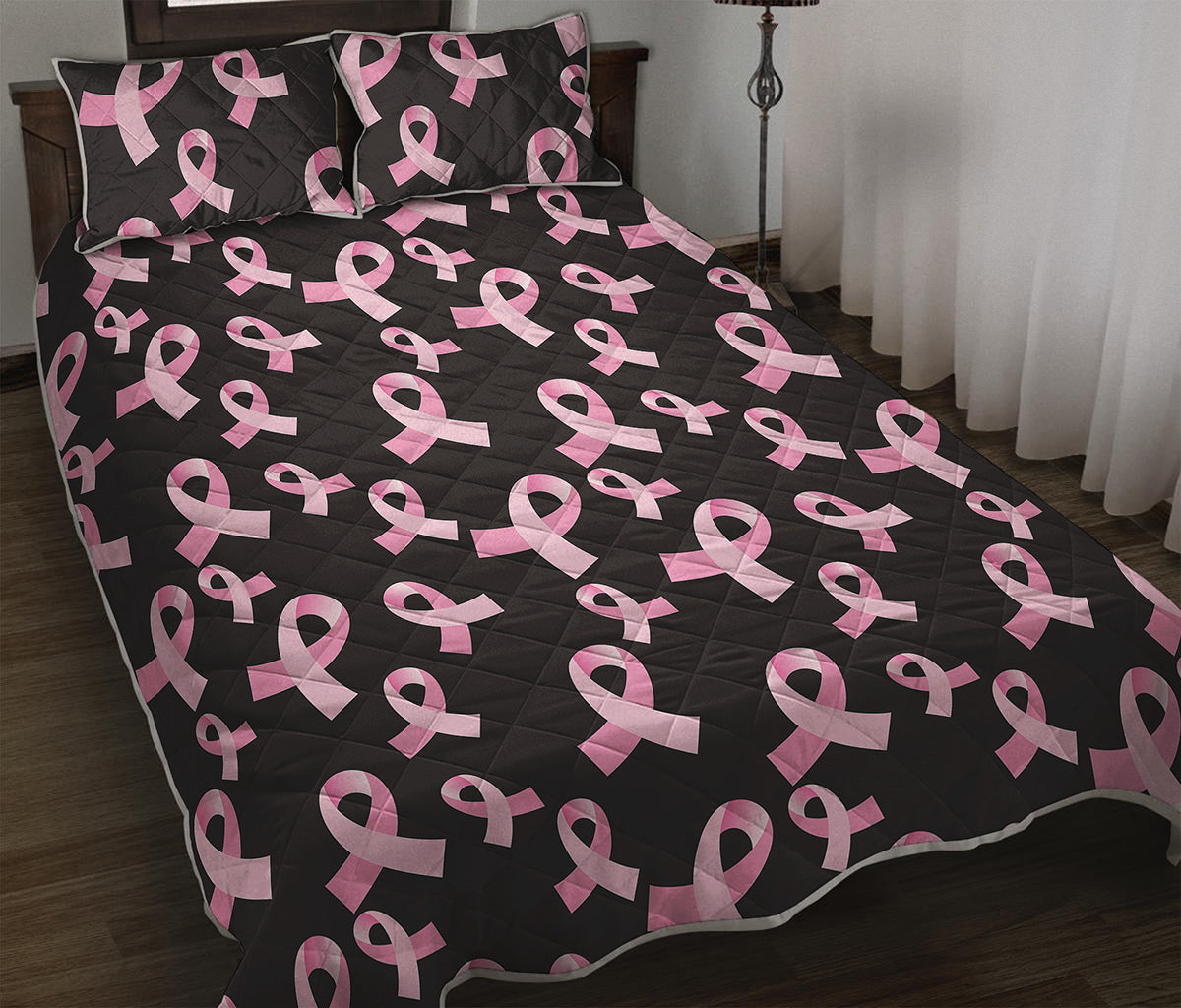 Pink Breast Cancer Ribbon Pattern Print Quilt Bed Set