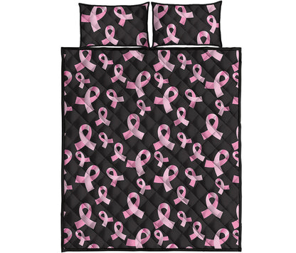 Pink Breast Cancer Ribbon Pattern Print Quilt Bed Set