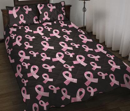 Pink Breast Cancer Ribbon Pattern Print Quilt Bed Set