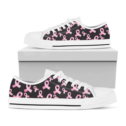 Pink Breast Cancer Ribbon Pattern Print White Low Top Shoes