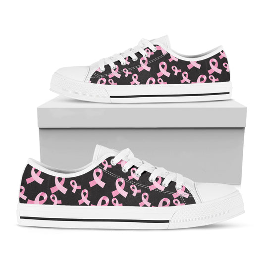Pink Breast Cancer Ribbon Pattern Print White Low Top Shoes