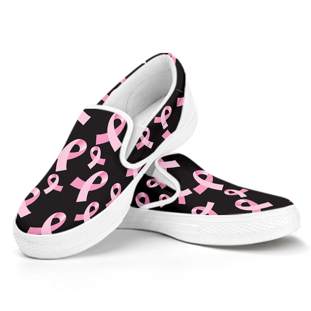 Pink Breast Cancer Ribbon Pattern Print White Slip On Shoes